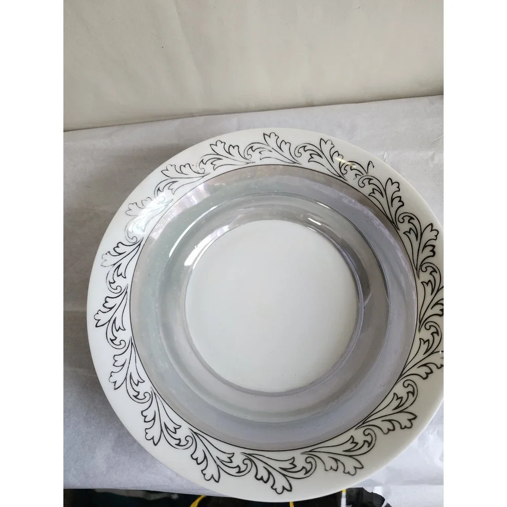 Vintage RS Germany Porcelain Lusterware Bowl Black Scroll Leaf Iridescent White